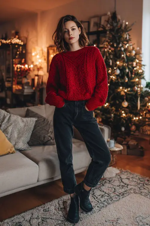 A woman wearing a red knit sweater with dark jeans and ankle boots, standing in a cozy living room decorated with a Christmas tree and warm lights