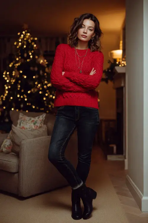 A woman wearing a red knit sweater with dark jeans and ankle boots, standing in a cozy living room decorated with a Christmas tree and warm lights