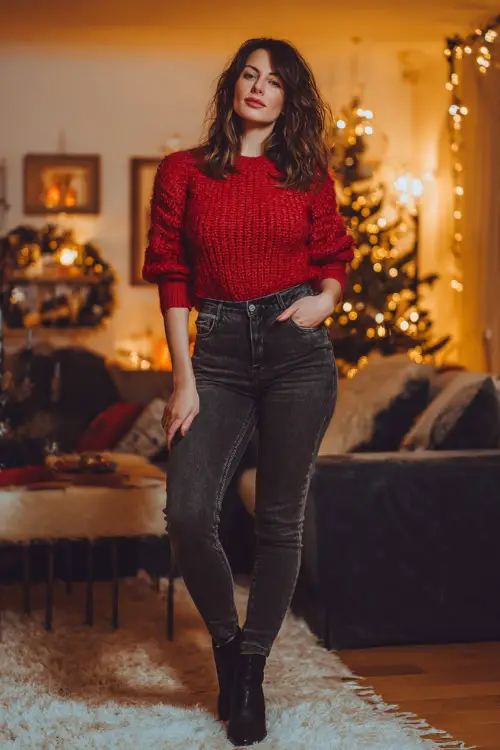 A woman wearing a red knit sweater with dark jeans and ankle boots, standing in a cozy living room decorated with a Christmas tree and warm lights