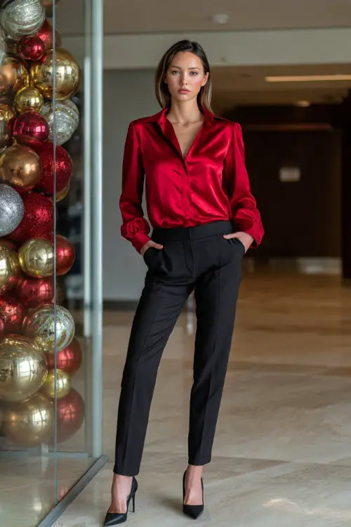 A woman wearing a red satin blouse tucked into tailored black trousers with classic pumps, standing in a modern office decorated with subtle Christmas ornaments 