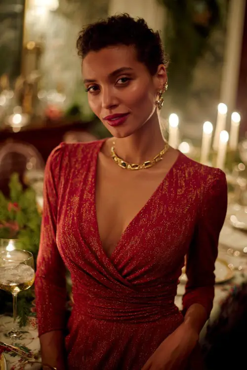 A woman wearing a red wrap dress with subtle shimmer and gold accessories, posing near a holiday banquet table with candles, greenery, and ornaments