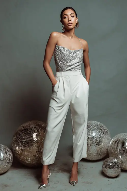 A woman wearing a silver sequin top with tailored white trousers and heels, standing in a modern photoshoot setup with metallic ornaments and soft studio lighting