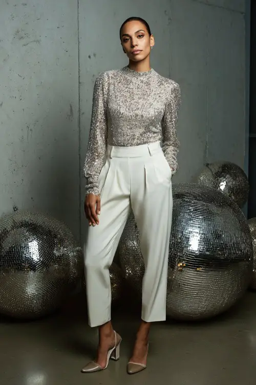 A woman wearing a silver sequin top with tailored white trousers and heels, standing in a modern photoshoot setup with metallic ornaments and soft studio lighting