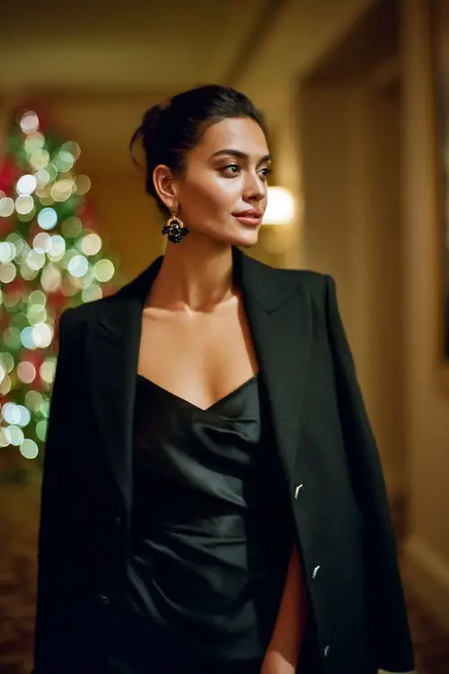 A woman wearing a sleek black satin dress with a long tailored coat and bold statement earrings, standing at a luxe holiday cocktail event with soft warm lighting 