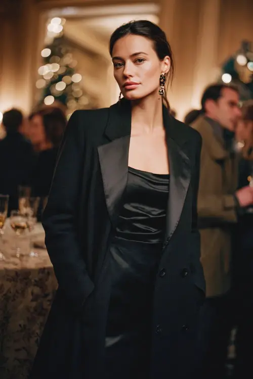 A woman wearing a sleek black satin dress with a long tailored coat and bold statement earrings, standing at a luxe holiday cocktail event with soft warm lighting
