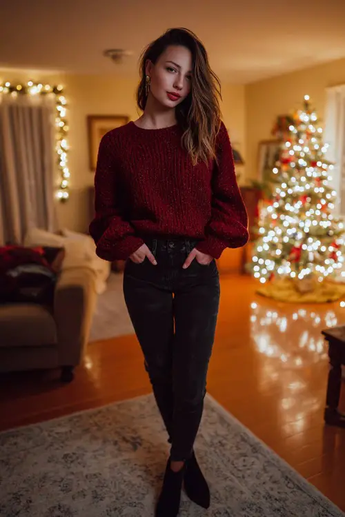 A woman wearing a soft red knit sweater with dark jeans and ankle boots, standing in a warm living room decorated with a Christmas tree and glowing holiday lights