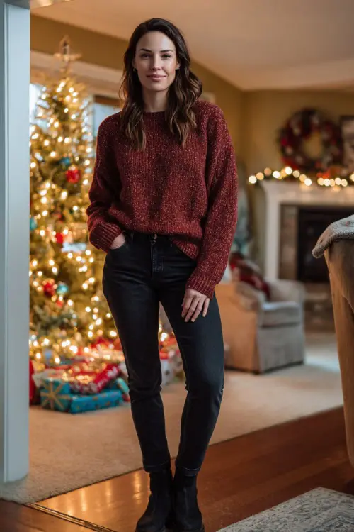 A woman wearing a soft red knit sweater with dark jeans and ankle boots, standing in a warm living room decorated with a Christmas tree and glowing holiday lights