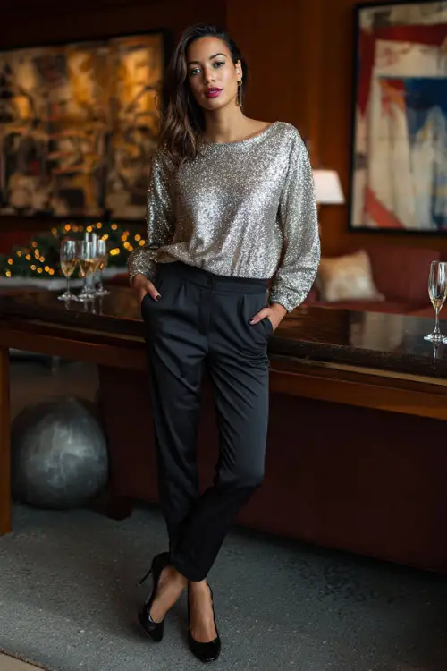 A woman wearing a sparkly silver top with slim black pants and heels, standing in a festive indoor lounge set up for holiday celebrations 