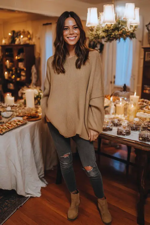A woman wearing a tan oversized sweater with skinny jeans and ankle boots, standing near a holiday table filled with snacks and candles for a home gathering