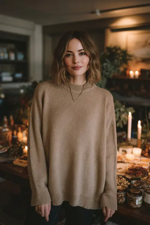 A woman wearing a tan oversized sweater with skinny jeans and ankle boots, standing near a holiday table filled with snacks and candles for a home gathering