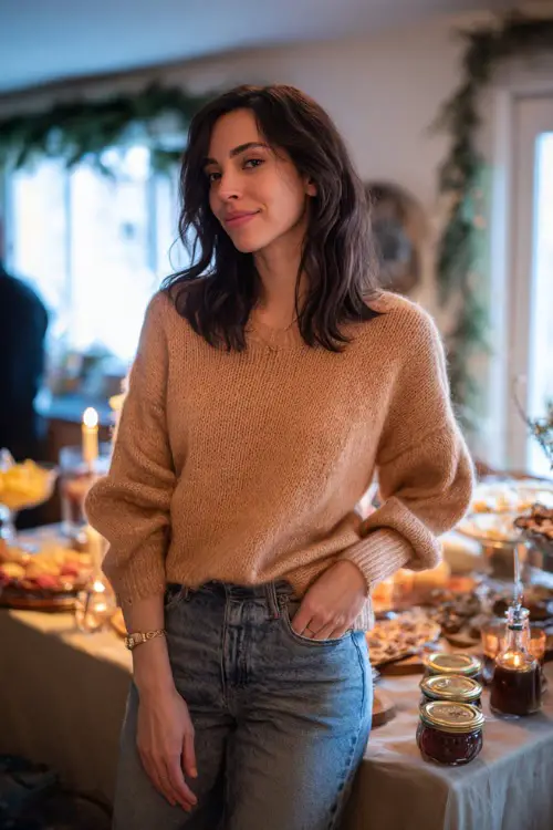 A woman wearing a tan oversized sweater with skinny jeans and ankle boots, standing near a holiday table filled with snacks and candles for a home gathering