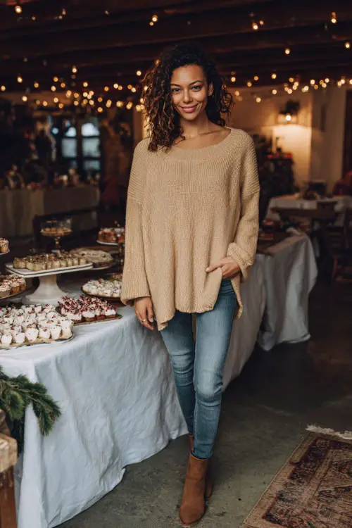 A woman wearing a tan oversized sweater with skinny jeans and comfortable ankle boots, standing near a holiday dessert table at a relaxed Christmas party