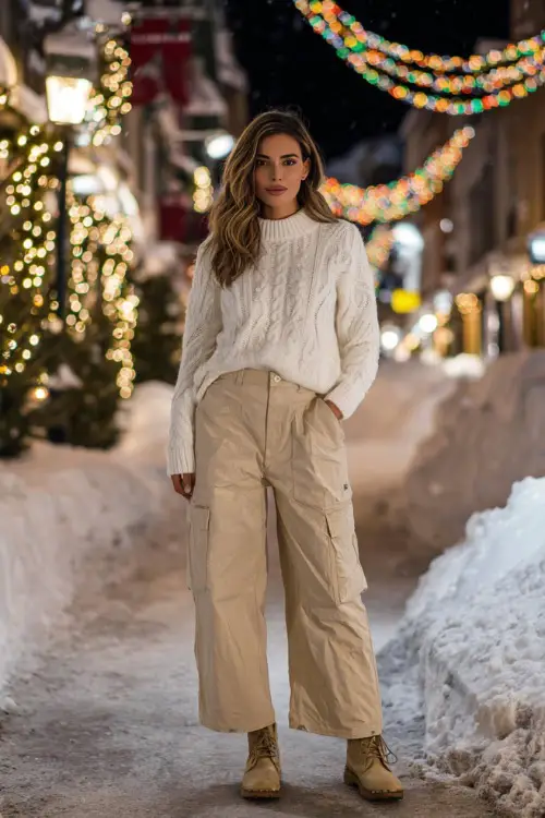 A woman wearing a white cable-knit sweater with beige wide-leg pants and winter boots, posing on a snowy street lined with Christmas lights and wreaths