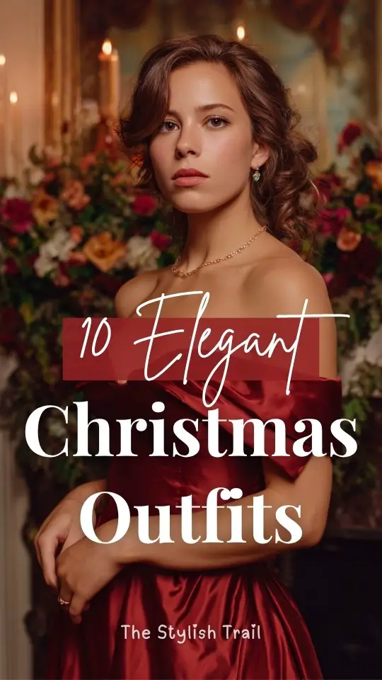 A woman wearing an elegant Christmas outfit with a ruby red off-shoulder gown with soft curls and minimal jewelry