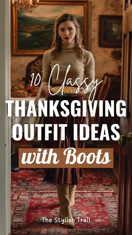 A woman wears a Thanksgiving outfit with boots, a midi pleated skirt and a turtleneck