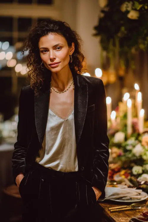 A woman wears a black velvet blazer over a silk camisole and tailored trousers, standing near a Thanksgiving buffet with candles and floral centerpieces