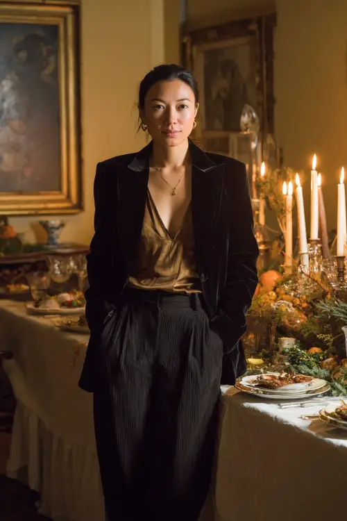A woman wears a black velvet blazer over a silk camisole and tailored trousers, standing near a Thanksgiving buffet with candles and floral centerpieces