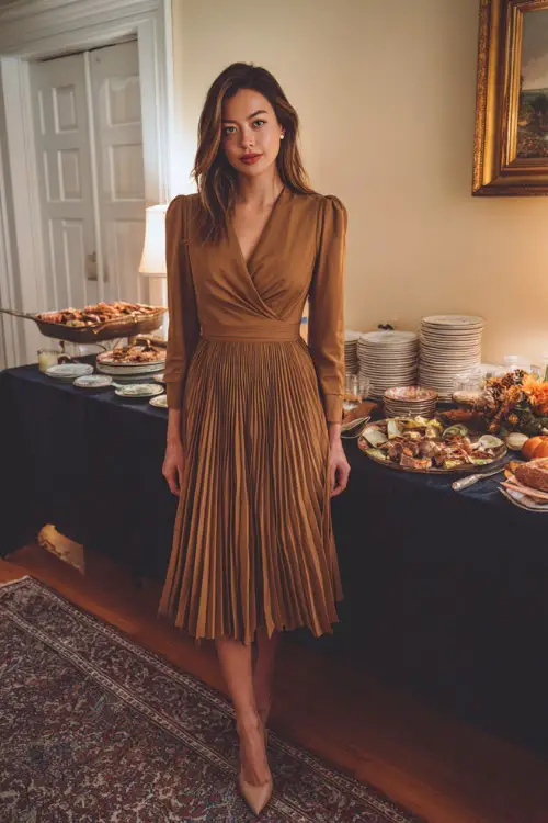 A woman wears a brown pleated midi dress with long sleeves and pointed heels, standing near a Thanksgiving buffet setup in a softly lit dining room 
