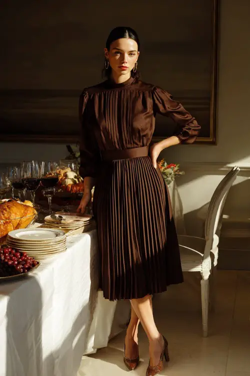 A woman wears a brown pleated midi dress with long sleeves and pointed heels, standing near a Thanksgiving buffet setup in a softly lit dining room 