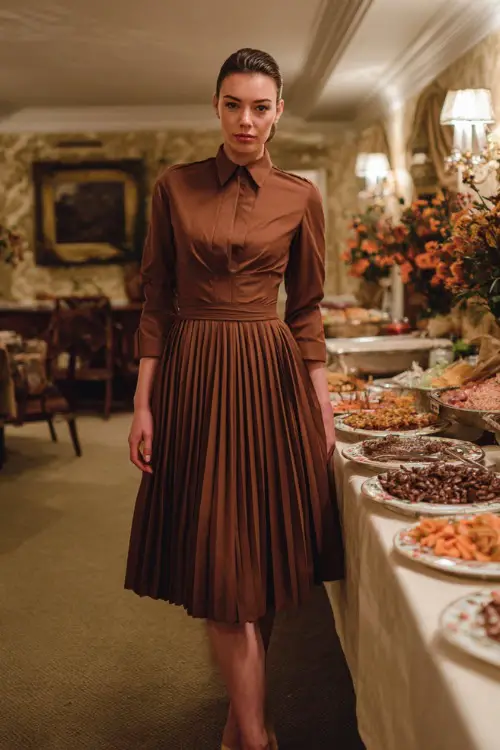 A woman wears a brown pleated midi dress with long sleeves and pointed heels, standing near a Thanksgiving buffet setup in a softly lit dining room