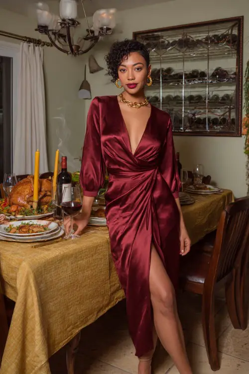 A woman wears a burgundy satin wrap dress with gold jewelry and heels, standing beside a Thanksgiving dinner table with candles and wine glasses