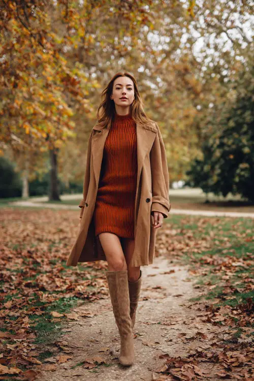 A woman wears a camel coat over a rust-colored knit dress and suede knee-high boots, walking through a park filled with autumn leaves 