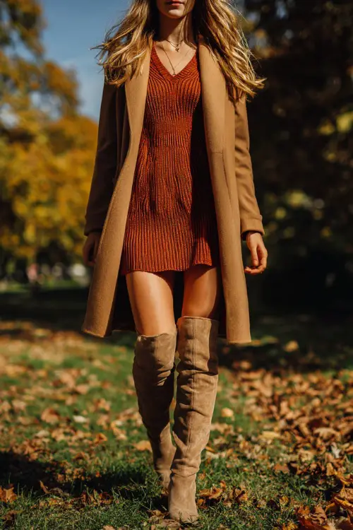 A woman wears a camel coat over a rust-colored knit dress and suede knee-high boots, walking through a park filled with autumn leaves 