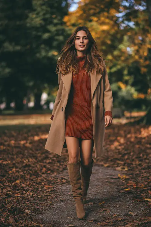 A woman wears a camel coat over a rust-colored knit dress and suede knee-high boots, walking through a park filled with autumn leaves