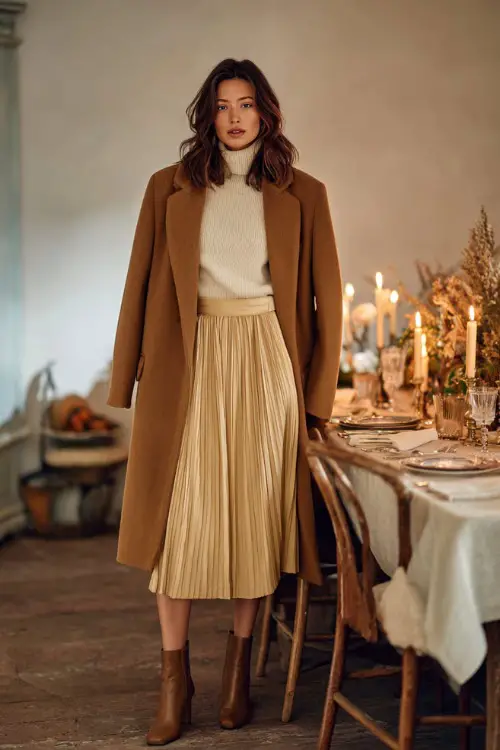 A woman wears a camel wool coat over a cream turtleneck and pleated midi skirt with ankle boots, standing beside a candlelit Thanksgiving table