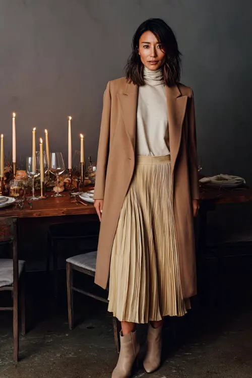 A woman wears a camel wool coat over a cream turtleneck and pleated midi skirt with ankle boots, standing beside a candlelit Thanksgiving table