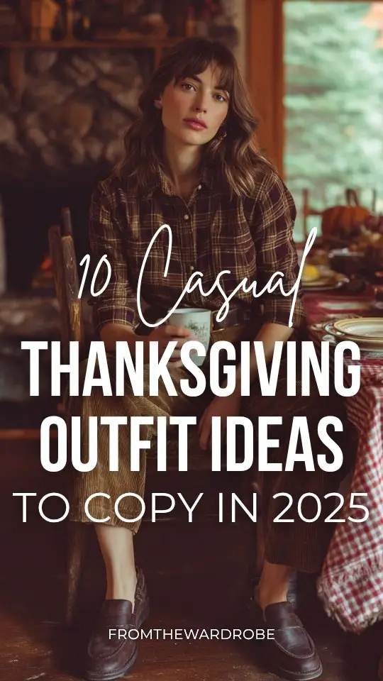 A woman wears a casual Thanksgiving outfit with a plaid flannel shirt tucked into corduroy pants with loafers