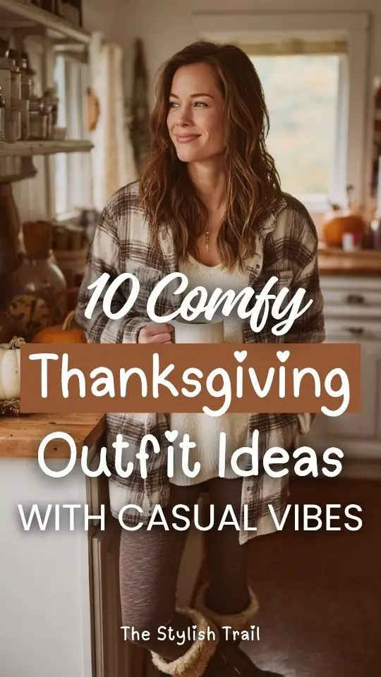 A woman wears a casual and comfy Thanksgiving outfit with a plaid shacket over a cream top with leggings and brown boots