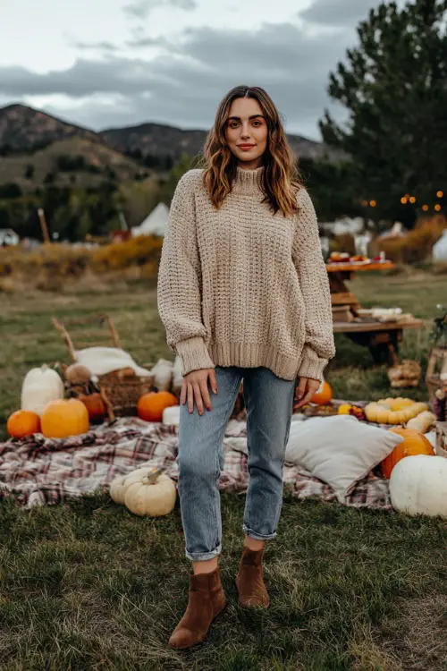 A woman wears a chunky beige knit sweater with straight-leg jeans and brown ankle boots, standing outdoors near a Thanksgiving picnic setup with pumpkins and blankets 