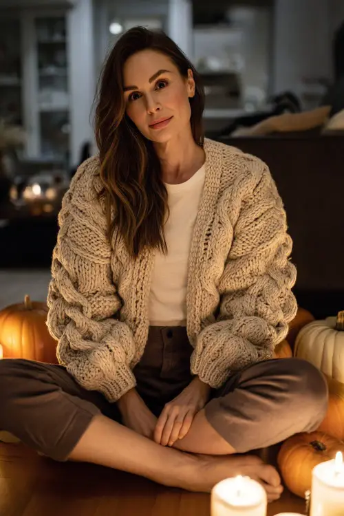 A woman wears a chunky cable-knit cardigan over a white tee and jogger pants, sitting cross-legged on the floor surrounded by pumpkins and candles