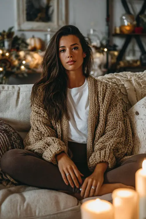 A woman wears a cozy oversized cardigan over a white t-shirt and leggings, sitting on a couch with Thanksgiving decorations and candles 