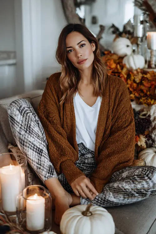 A woman wears a cozy oversized cardigan over a white t-shirt and leggings, sitting on a couch with Thanksgiving decorations and candles 