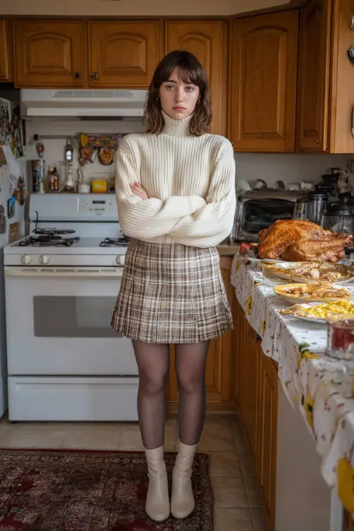 A woman wears a cream ribbed turtleneck tucked into a plaid skirt with tights and ankle boots, standing beside a kitchen counter filled with Thanksgiving food 