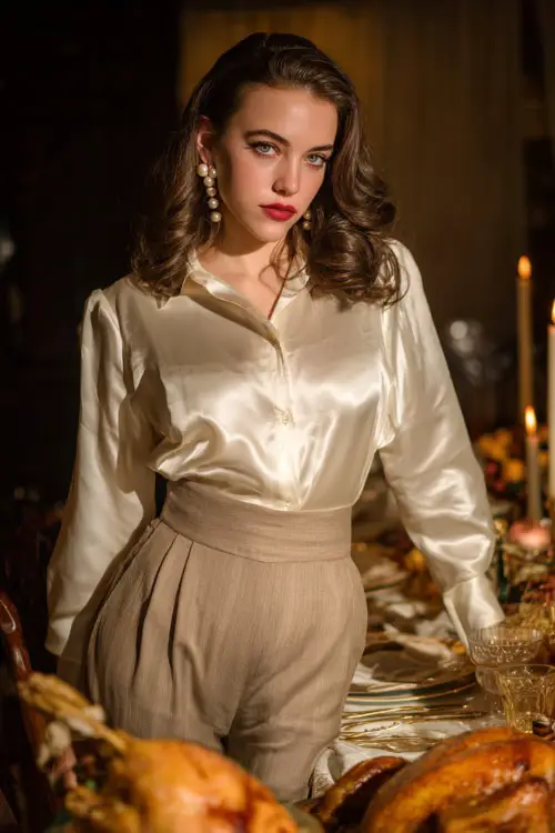 A woman wears a cream satin blouse tucked into high-waisted trousers with pearl earrings and heels, standing beside a Thanksgiving feast with warm lighting 