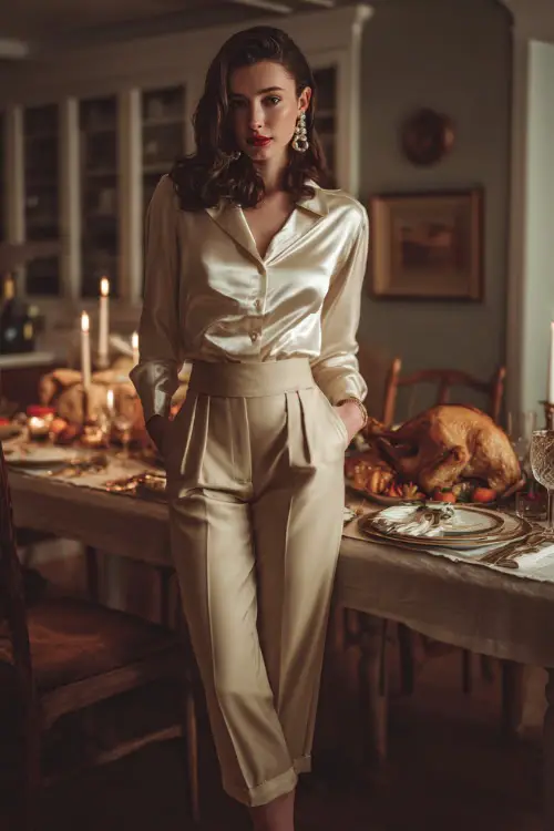 A woman wears a cream satin blouse tucked into high-waisted trousers with pearl earrings and heels, standing beside a Thanksgiving feast with warm lighting