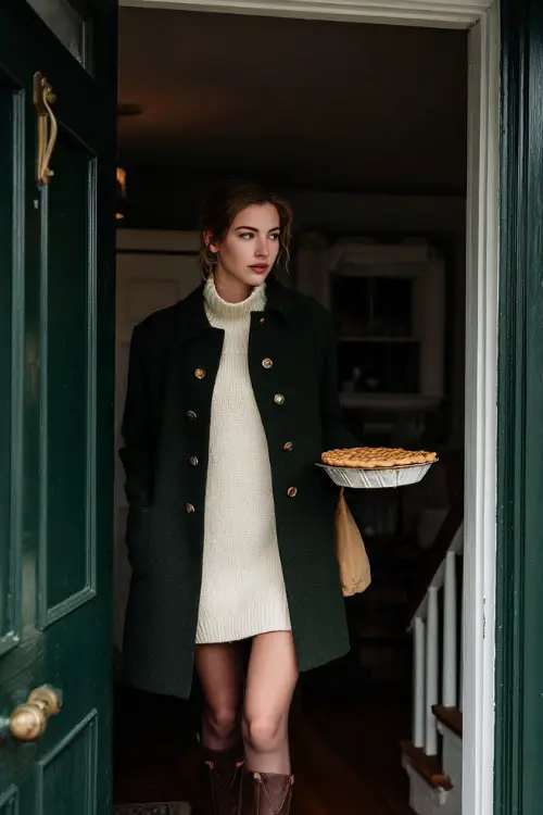 A woman wears a dark green wool coat over a cream sweater dress with tights and boots, carrying a pie while entering a cozy home 