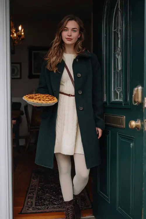 A woman wears a dark green wool coat over a cream sweater dress with tights and boots, carrying a pie while entering a cozy home 