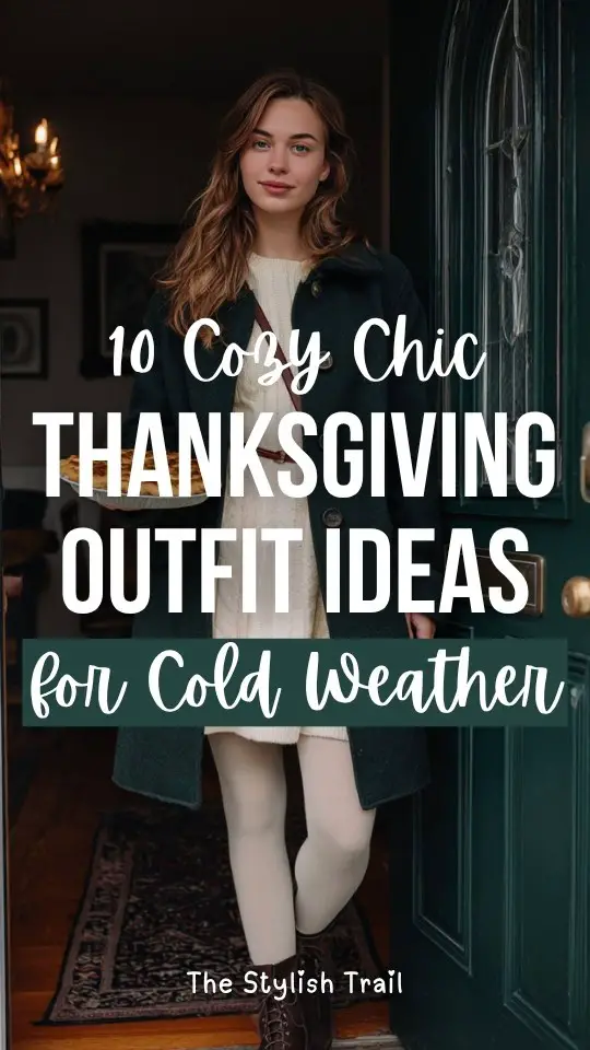 A woman wears a dark green wool coat over a cream sweater dress with tights and boots outfit for Thanksgiving in cold weather