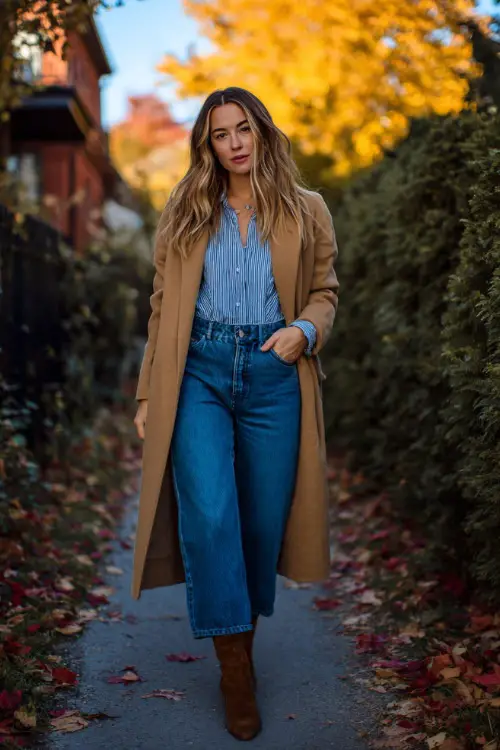A woman wears a denim-on-denim look with a fitted shirt tucked into wide-leg jeans