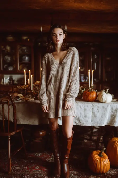 A woman wears a long beige sweater dress paired with knee-high brown leather boots, standing near a Thanksgiving table decorated with pumpkins and candles