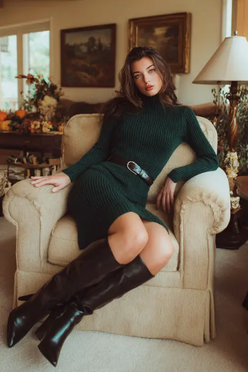 A woman wears a long-sleeve knit dress in deep green with a belt and heeled boots, posing in a cozy living room decorated for Thanksgiving