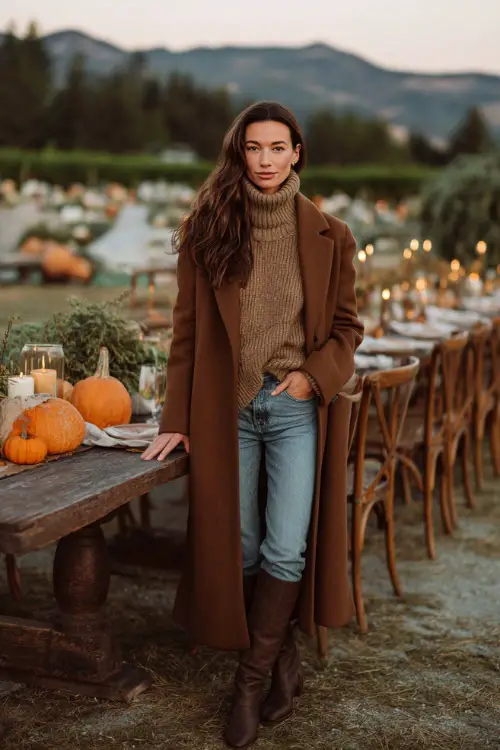 A woman wears a long wool camel coat over a chunky knit turtleneck, jeans, and knee-high boots, standing outdoors beside a rustic Thanksgiving table with pumpkins and candles 