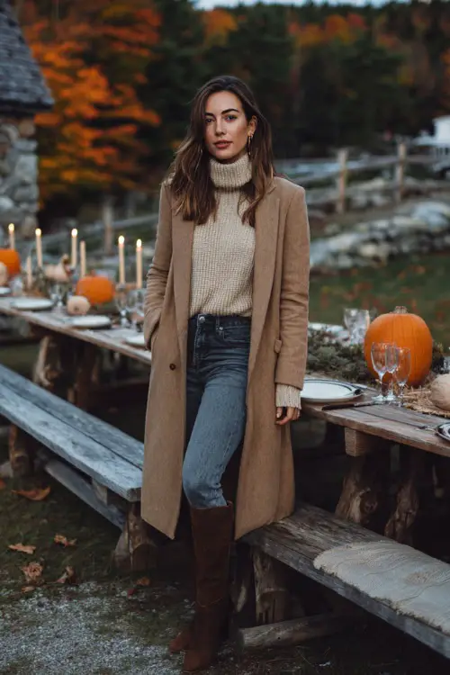 A woman wears a long wool camel coat over a chunky knit turtleneck, jeans, and knee-high boots, standing outdoors beside a rustic Thanksgiving table with pumpkins and candles 