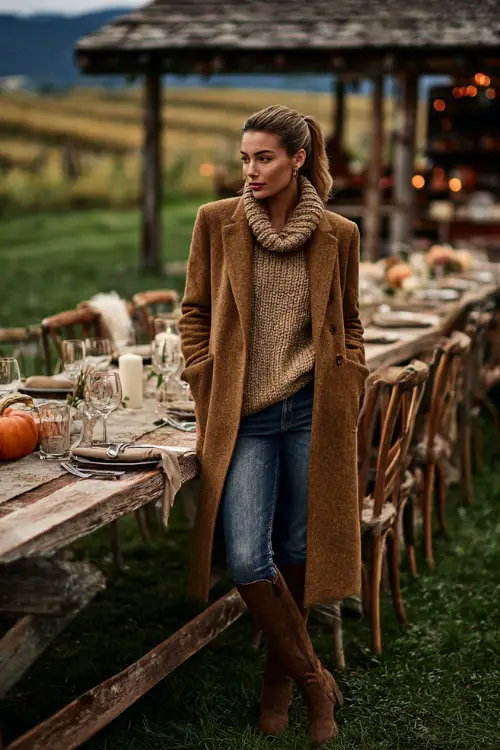 A woman wears a long wool camel coat over a chunky knit turtleneck, jeans, and knee-high boots, standing outdoors beside a rustic Thanksgiving table with pumpkins and candles