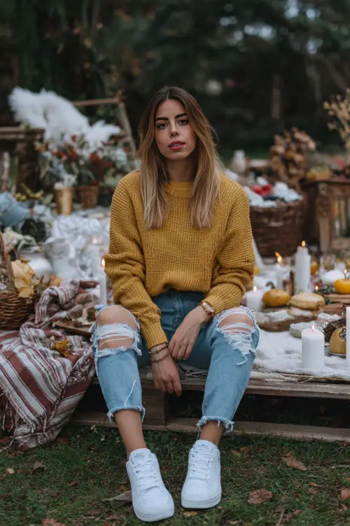 A woman wears a mustard sweater with ripped jeans and white sneakers 