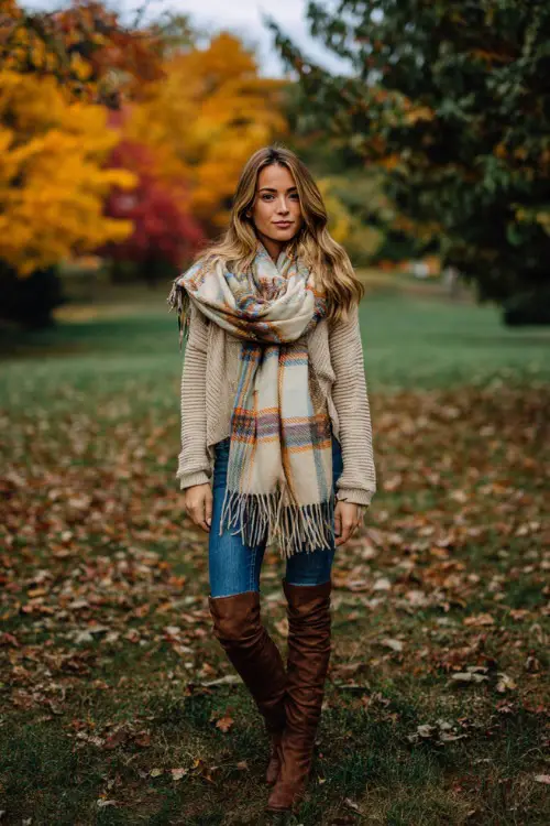 A woman wears a plaid blanket scarf over a chunky beige sweater, blue jeans, and tall brown boots, standing outdoors in a park filled with fall colors 